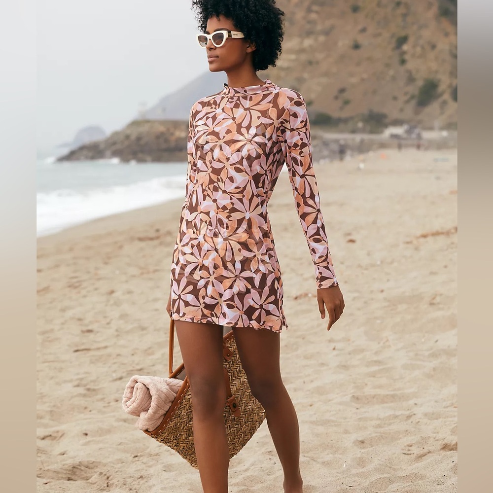 Sanctuary Floral Mesh Mock Neck Brown Pink 90s Y2K Sheer Layering Mini Dress